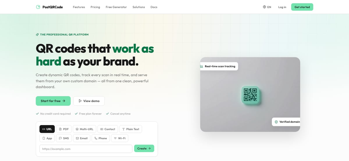 PostQRCode dashboard — creating and tracking a dynamic QR code